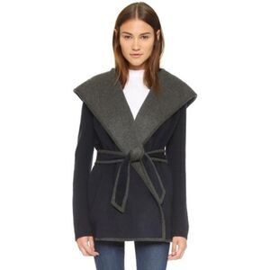 Joie loulynn boiled navy grey wool knit sleeve hooded tie close sweater womens s